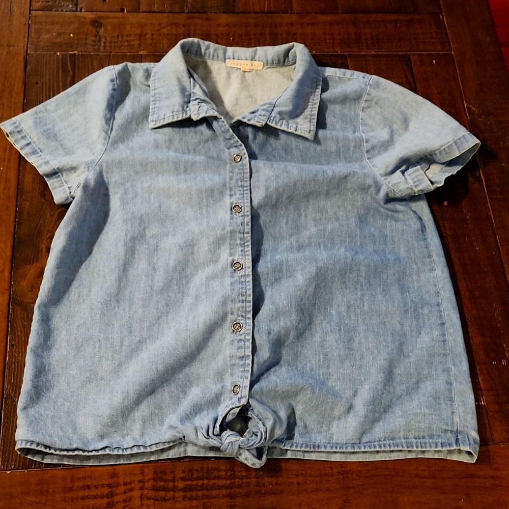 Copper Key Tie Hem Button Down Chambray JeanTop Size Girls XL